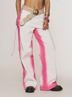 Hot Pink Casual Women's Contrast Washed Eyelet Tie Denim Jeans